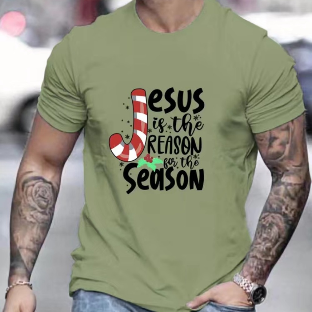 Christian Catholic olive shirt men L printed Jesus is the Reason for the Season